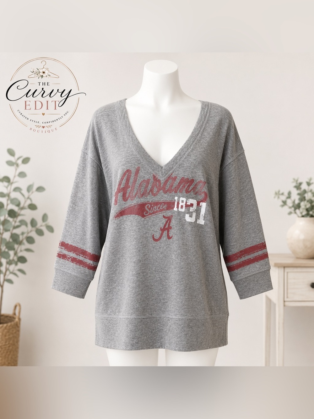 Alabama Crimson Tide NCAA V-Neck Sweatshirt | Gray | Women’s XL 3/4 Sleeve